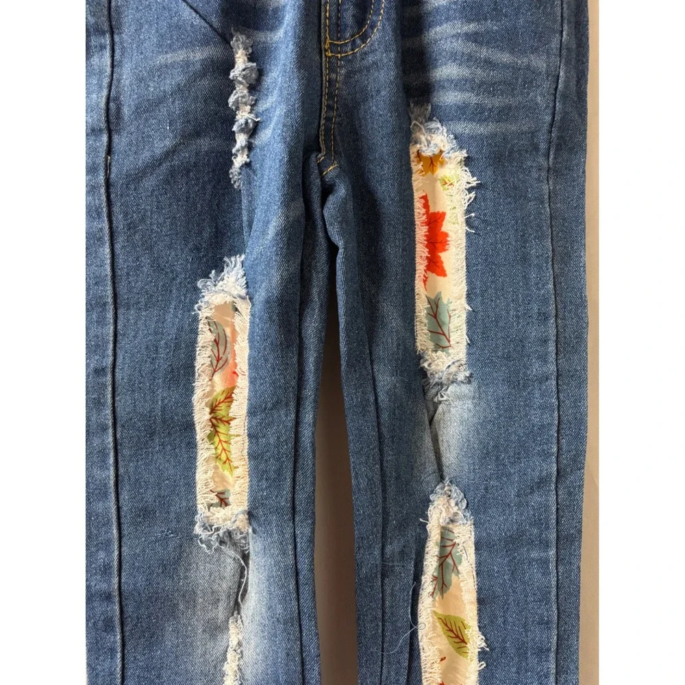 Kids Distressed Floral‎ Patchwork Jeans Medium Wash Ripped Straight Leg Denim